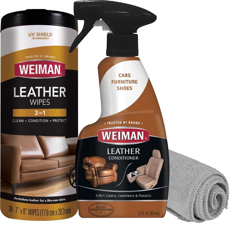 Weiman Leather Cleaner Conditioner Care Kit Restores Leather Surfaces Ultra Violet Protectants Help Prevent Cracking or Fading of Leather Furniture Car Seats Shoes